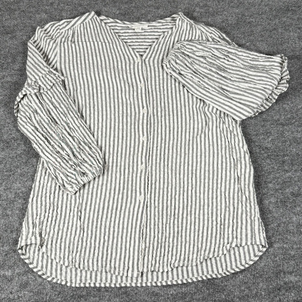 Beach Lunch Lounge Seersucker Blouse Medium Button Up Stripes Ruffle Resort